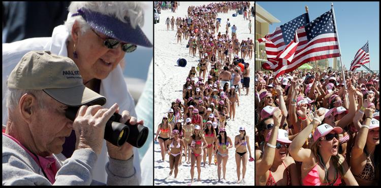 An onlooker gets a close-up view of the parade from the pier. Center, women participate in the bikini parade in Panama City Beach, Florida. Right, Spring breakers celebrate after breaking the Guinness world record for the largest bikini parade in Panama City Beach.